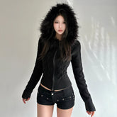 Women's Winter Casual Solid Color Eco - Friendly Viscose Spliced Plush Cable Knit Hooded Zip Cardigan Fitted Long Sleeve Factory - Zeprah