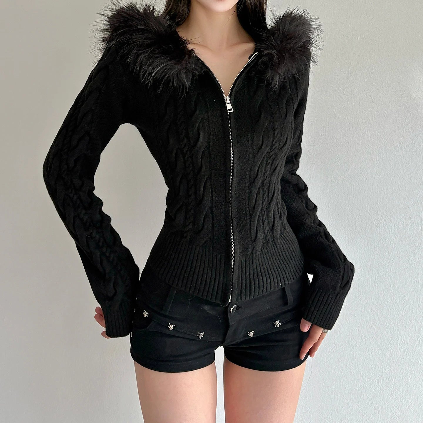 Women's Winter Casual Solid Color Eco - Friendly Viscose Spliced Plush Cable Knit Hooded Zip Cardigan Fitted Long Sleeve Factory - Zeprah