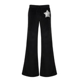 Women's Winter Flat Front Velvet Flare Low Waist Black Sequin Star Thermal Stretch Lounge Pants - Zeprah