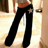 Women's Winter Flat Front Velvet Flare Low Waist Black Sequin Star Thermal Stretch Lounge Pants - Zeprah