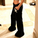 Women's Winter Flat Front Velvet Flare Low Waist Black Sequin Star Thermal Stretch Lounge Pants - Zeprah