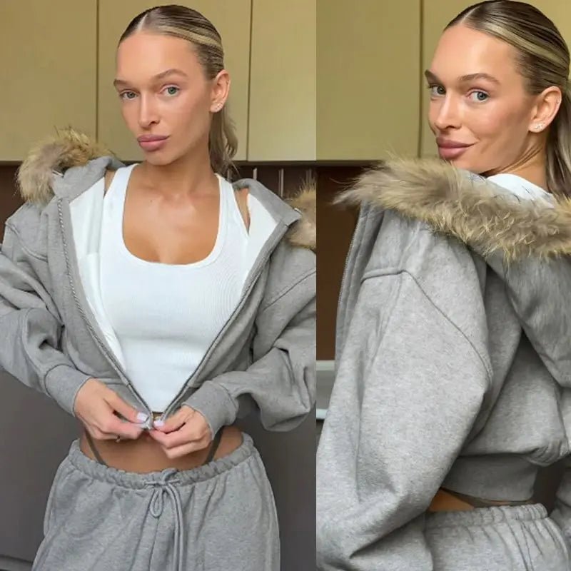 Women's Winter Knitted Cropped Solid Color Zip - Up Hoodie with Plush Collar and Drawstring Waist Casual Short Sleeve Jacket - Zeprah