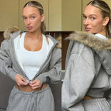 Women's Winter Knitted Cropped Solid Color Zip - Up Hoodie with Plush Collar and Drawstring Waist Casual Short Sleeve Jacket - Zeprah