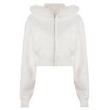 Women's Winter Knitted Cropped Solid Color Zip - Up Hoodie with Plush Collar and Drawstring Waist Casual Short Sleeve Jacket - Zeprah