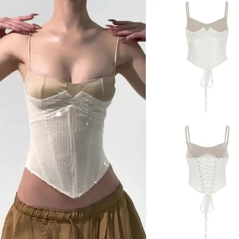Women's Woven Lace Mesh Sequin Bustier - Short Ribbons Summer Back Tie Strap Cami Top Corset Style Evening Wear - Zeprah