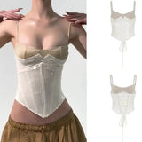 Women's Woven Lace Mesh Sequin Bustier - Short Ribbons Summer Back Tie Strap Cami Top Corset Style Evening Wear - Zeprah