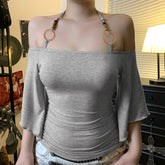 Women's Y2K Vintage Summer Clubwear Corset Top Solid Color Off - Shoulder T-shirt Bat Sleeve Ring Halter Tie Neck Collarless - Zeprah