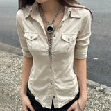 Workwear Retro Knitted Shirt for Women Summer Multi - Pocket Lapel Business Casual Blouse High Quality - Zeprah
