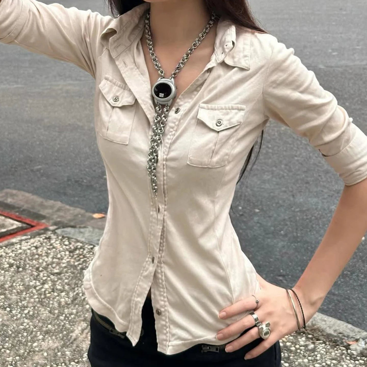 Workwear Retro Knitted Shirt for Women Summer Multi - Pocket Lapel Business Casual Blouse High Quality - Zeprah