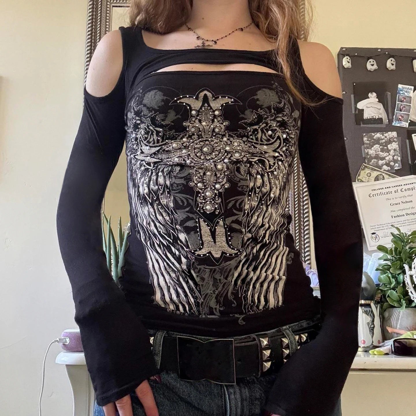 Y2K Autumn Gothic Style Animal Print Knitted Digital Top | Off - Shoulder Long Sleeve Slim Fit T-Shirt for Women - Zeprah