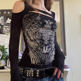 Y2K Autumn Gothic Style Animal Print Knitted Digital Top | Off - Shoulder Long Sleeve Slim Fit T-Shirt for Women - Zeprah