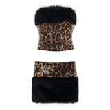 Y2K Casual Faux Fur Sequin Patchwork Knitting Set Collarless Leopard Print Stretchy Eco - Friendly Tube Top Skinny Bodycon Mini - Zeprah