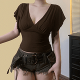 Y2K Cross V - Neck Knitted T-Shirt | Women's Sexy Basic Solid Color Short Sleeve Top | Slim Fit Summer Blouse | Viscose/Poly - Zeprah