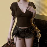 Y2K Cross V - Neck Knitted T-Shirt | Women's Sexy Basic Solid Color Short Sleeve Top | Slim Fit Summer Blouse | Viscose/Poly - Zeprah