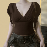 Y2K Cross V - Neck Knitted T-Shirt | Women's Sexy Basic Solid Color Short Sleeve Top | Slim Fit Summer Blouse | Viscose/Poly - Zeprah