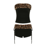 Y2K Leopard Print Casual Skinny Fit Strapless Faux Fur Trim Spandex/Polyester Eco - Friendly Lace up Shorts Clubwear Crop Top Set - Zeprah