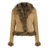 Y2K Retro Eco - Friendly Woven Windproof Polyester Single Breasted Casual Jacket Faux Fur Trim Notch Lapel Winter Warm Plain Dyed - Zeprah