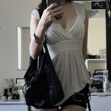 Y2K Sexy Lace Trim Woven V - Neck Short Sleeve T-Shirt Drawstring Belted Waist Regular Fit Print Summer Breathable Cotton Spandex - Zeprah