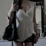 Y2K Sexy Lace Trim Woven V - Neck Short Sleeve T-Shirt Drawstring Belted Waist Regular Fit Print Summer Breathable Cotton Spandex - Zeprah