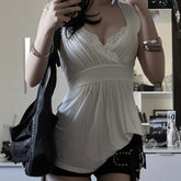 Y2K Sexy Lace Trim Woven V - Neck Short Sleeve T-Shirt Drawstring Belted Waist Regular Fit Print Summer Breathable Cotton Spandex - Zeprah