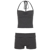 Y2K Striped Lace - Up Print Women's Knee 2 - Piece Sports Yoga Outfit - Sleeveless Cami Top Skinny Fit Tie - Front Shorts - Zeprah