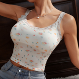 Cute Print Lace Trim Fitted Cami Top