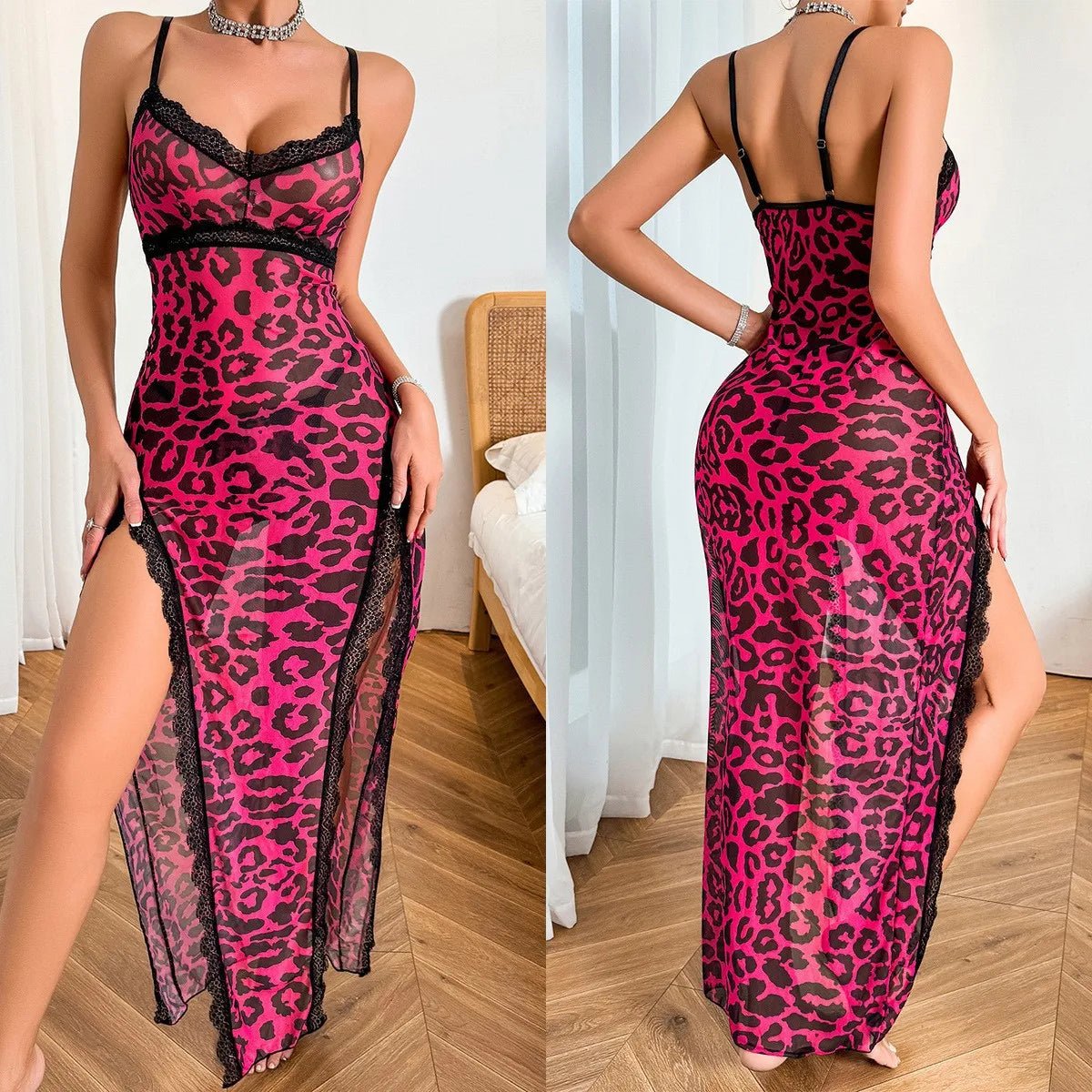 Yeardress Sexy Leopard Print Long Dress with Sheer Mesh High Slit Strap Temptation Nightgown - Zeprah