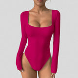 Women Solid Square Neck Long Sleeve Bodysuit Slim Fit High Cut Basic Bodycon Jumpsuit Ladies Daily Layering Top