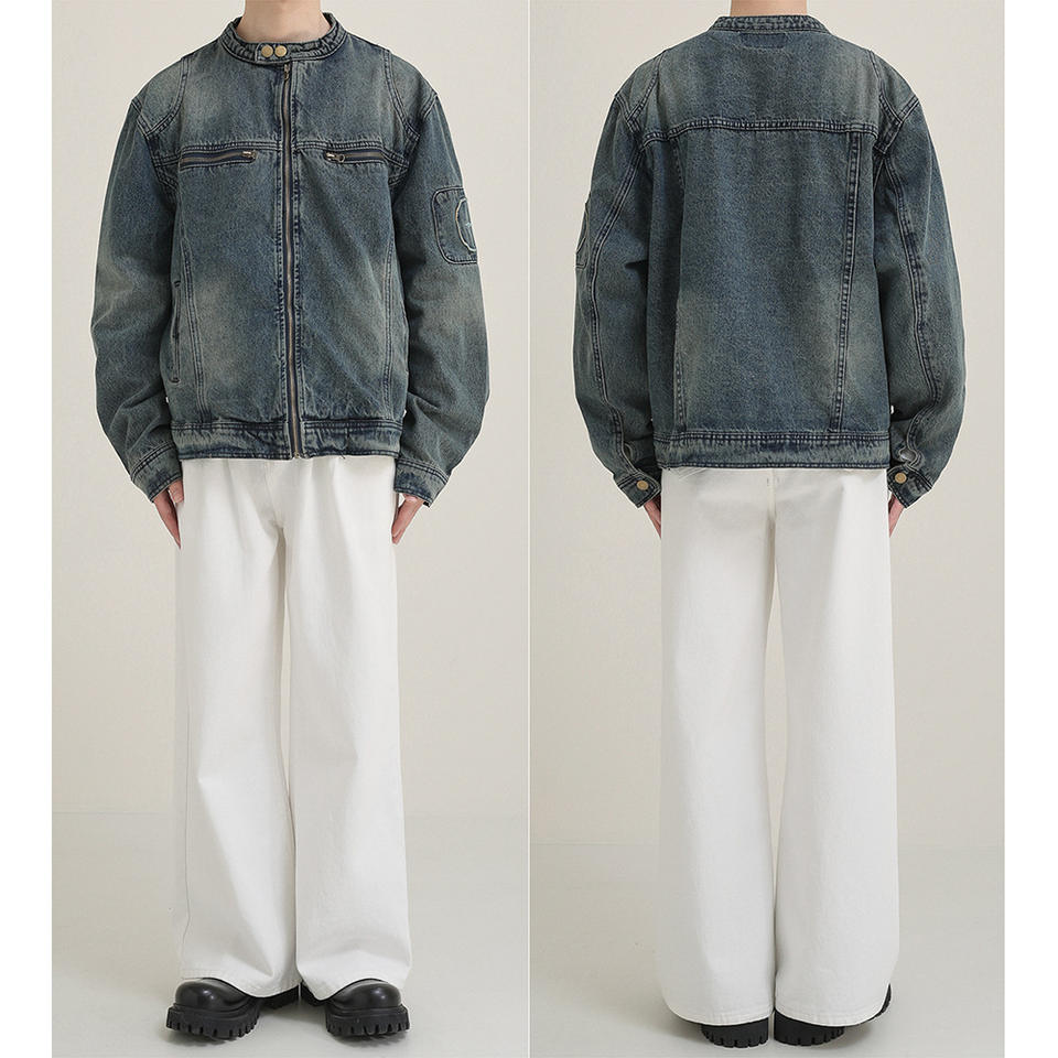 Fashion Retro Loose Vintage Embroidered Washed Denim Fabric Jacket Coat Casual Long Sleeve Men Jackets