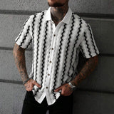 Men Textured Knit Short Sleeve Shirt Contrast Collar Striped Button up Shirt Vintage Casual Summer Shirts for Men
