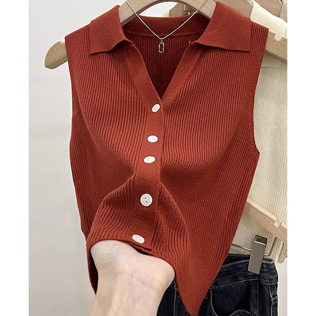 V-neck Elegant Women Tank Top Vintage Premium Quality Knitted Tank Top Hot-selling Sleeveless Top - Summer A-line Casual Tank Top