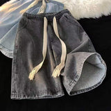 Summer Men's Denim Drawstring Elastic Waist Shorts American Retro Loose Straight 5-Length Pants