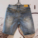 New Summer Men's Denim Shorts Old Washed Ripped Street Slim Casual Bottoms with Mid Waist Retro American Fashion Trend Shorts