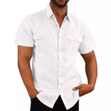 Summer Men Short Sleeve Shirt Double Chest Pockets Turn Down Collar Button up Casual Work Shirts