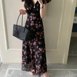 Women Black Base Pink Rose Floral Maxi Dress V Neck Lace Trim Flutter Cap Sleeve Slim Fit Mermaid Hem Chiffon Long Dress