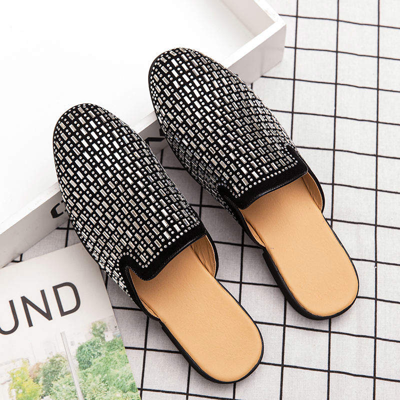 Golden Color Fashion Good Looking Men Mules Casual Shoes Low Heels Rhinestone Upper Men Half Shoes