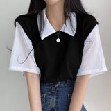 Polo Lapel Graphic Tee Loose-fit Tops for Women Color Contrast Short-sleeved Blouse