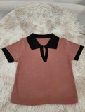 Polo Collar Graphic Tee Color Contrast Tops for Women Knitted Short-Sleeved Tee