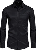 Men's 4-Way Stretch Wrinkle-Free Long Sleeve Shirt with Pockets, Mercerized Vertical Drape European Size Business Blouse