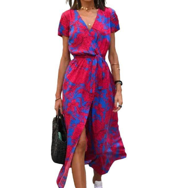 Women Floral Print Midi Dress V Neck Short Sleeve Self Tie Waist Split Hem Satin Flowy Vacation Beach Casual Wrap Dress