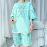 Unisex Japanese Minimalist Two-Piece Outfit, Casual 3/4 Sleeve Tee & Knee Length Shorts, Summer Versatile Matching Set for Youth