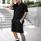 Men's Waffle Knit Two Piece Set Short Sleeve Cuban Collar Shirt & Shorts Casual Summer Outfit