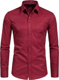 Men's 4-Way Stretch Wrinkle-Free Long Sleeve Shirt with Pockets, Mercerized Vertical Drape European Size Business Blouse
