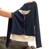 Women's 2-in-1 Ribbed Knit Top Polka Dot Cami Layered Bow Tie Long Sleeve T-Shirt