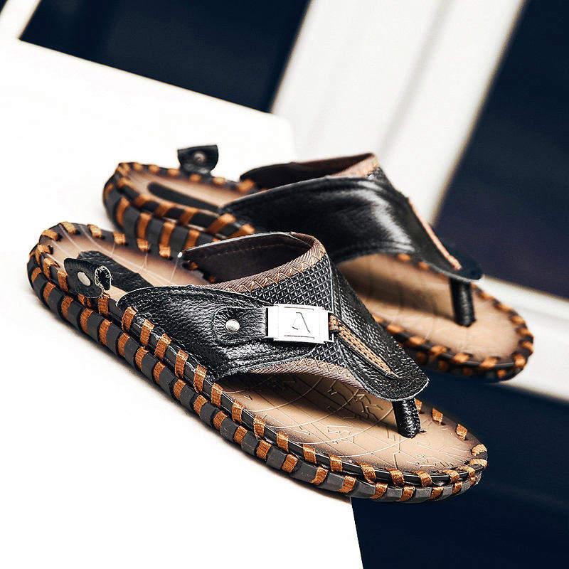 Summer Cool Comfortable Soft Full Grain Genuine Leather Slippers Casual Flip Flop for Men