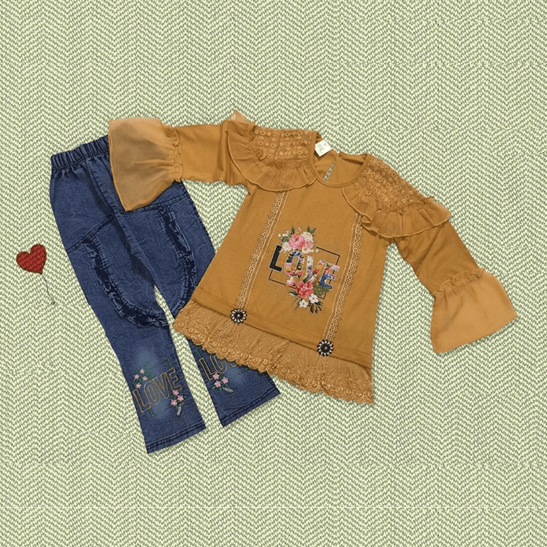 Golden Tunic And Embroidered Denim Set