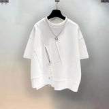 2026 Summer Deconstructed Streetwear T-shirt Men Oversized Zipper Pocket Asymmetrical Hem Casual Hip Hop Tee