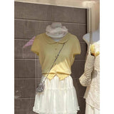 Summer Women's Cute Collar Sweet Short Sleeve Knit T-Shirt Slim Fit Casual Short Tee Daily Wear Tops