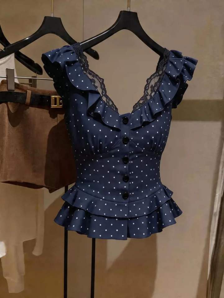 Women French Polka Dot Tank Top V-Neck Lace Ruffle Sleeveless Top Slim Blue Inner Shirt for Summer