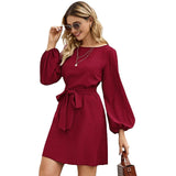 Boat Neck Puff Sleeve Waist Tie Belt Mini Dress Women Casual Summer Solid Color Short Sundress